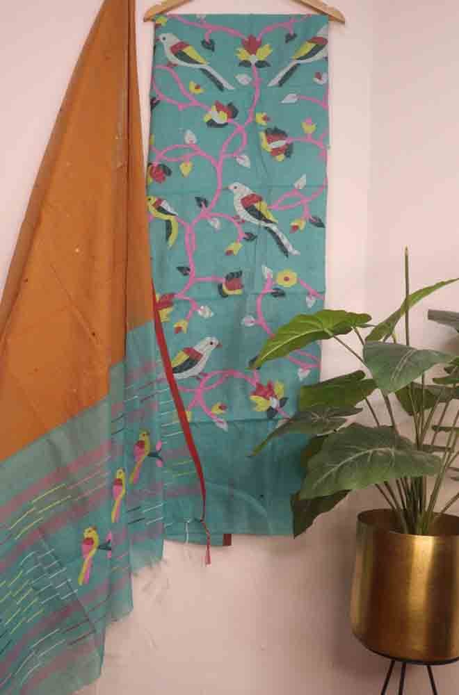 Blue Handloom Jamdani Chanderi Silk Two Piece Unstitched Suit Set - Luxurion World