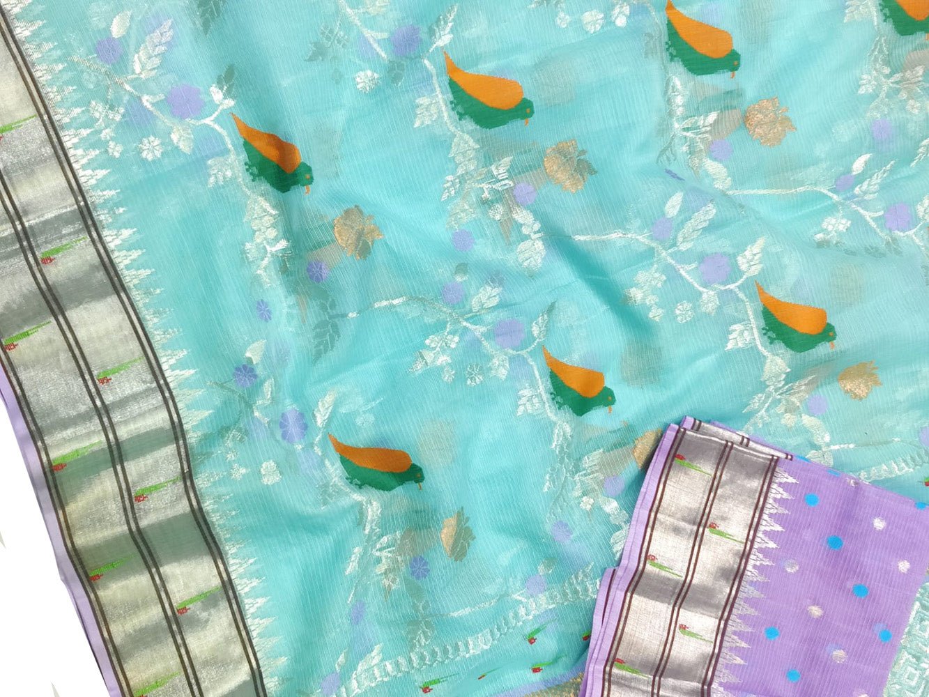 Blue Handloom Kota Doria Real Zari Bird Design Saree - Luxurion World
