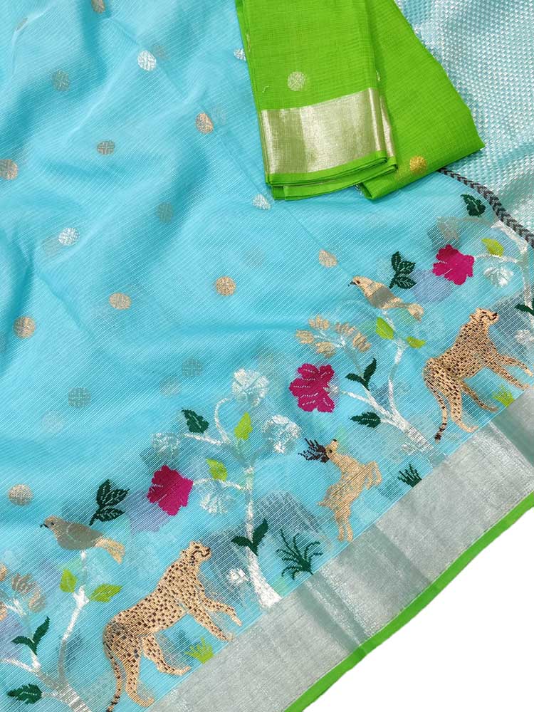 Blue Handloom Kota Doria Real Zari Figure Work Saree - Luxurion World
