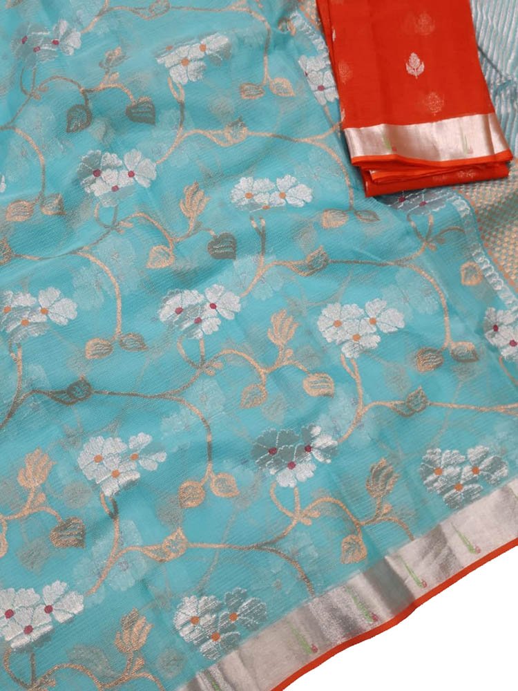 Blue Handloom Kota Doria Real Zari Flower Design Saree - Luxurion World