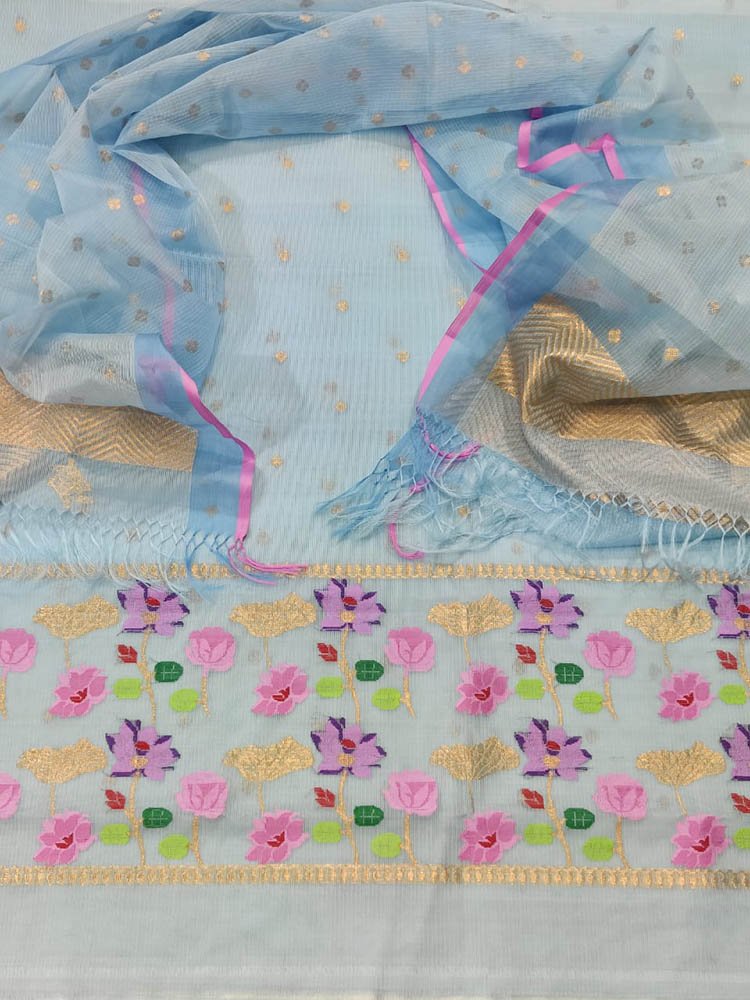 Blue Handloom Kota Doria Real Zari Meenakari Work Two Piece Unstitched Suit Set - Luxurion World