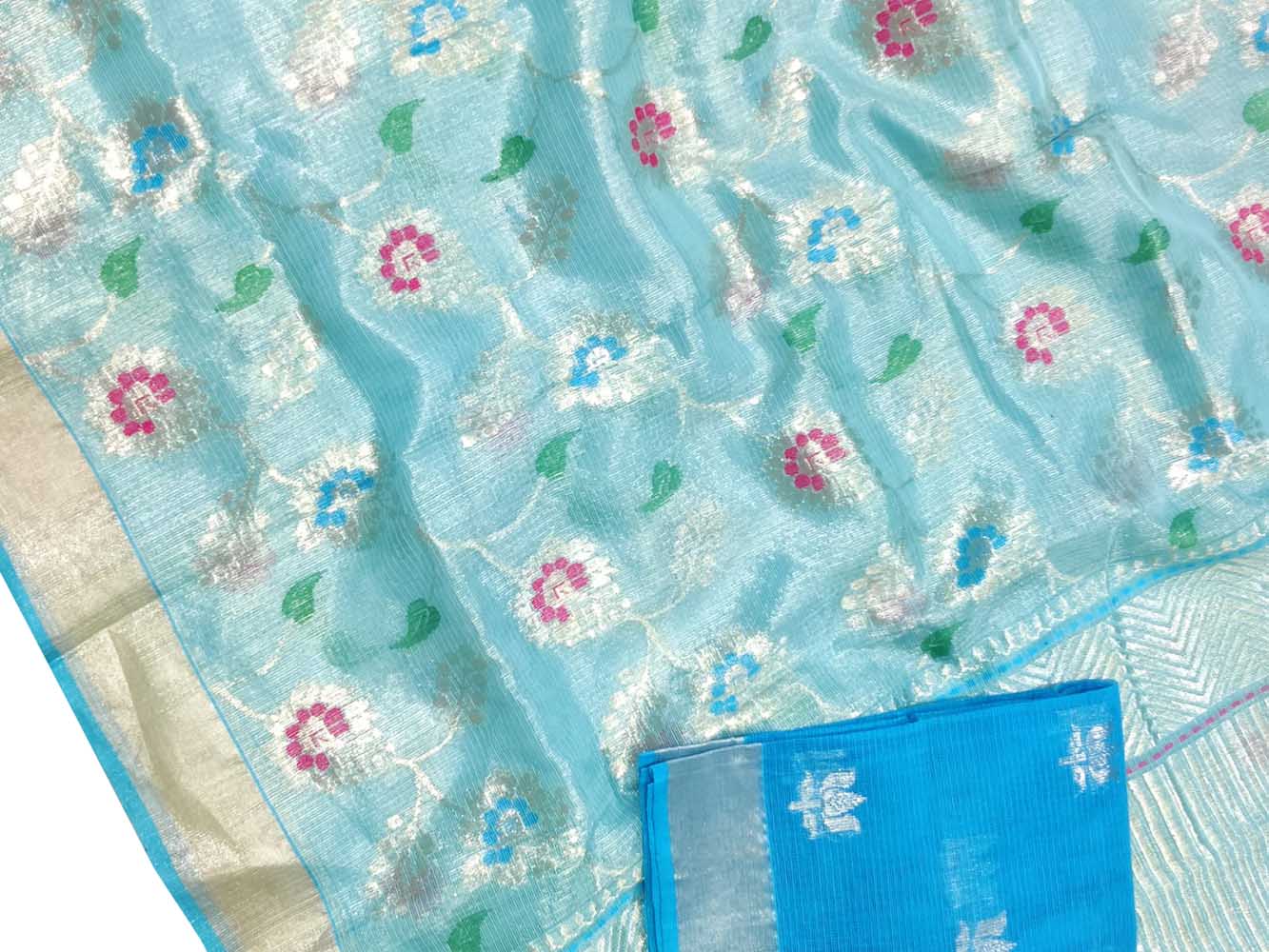 Blue Handloom Kota Doria Tissue Silk Real Zari Meenakari Saree - Luxurion World