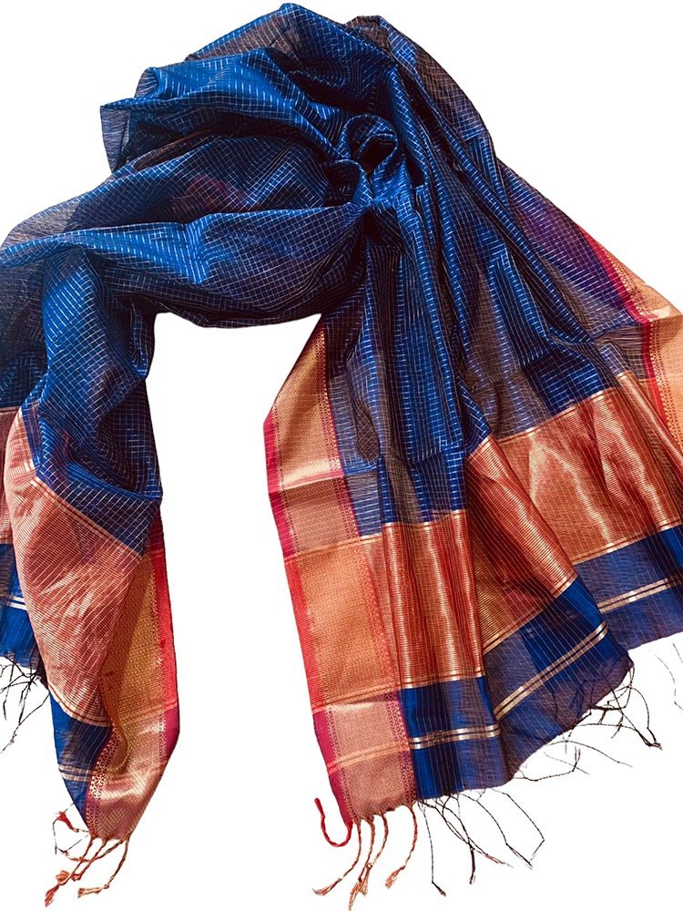 Blue Handloom Maheshwari Silk Cotton Dupatta - Luxurion World