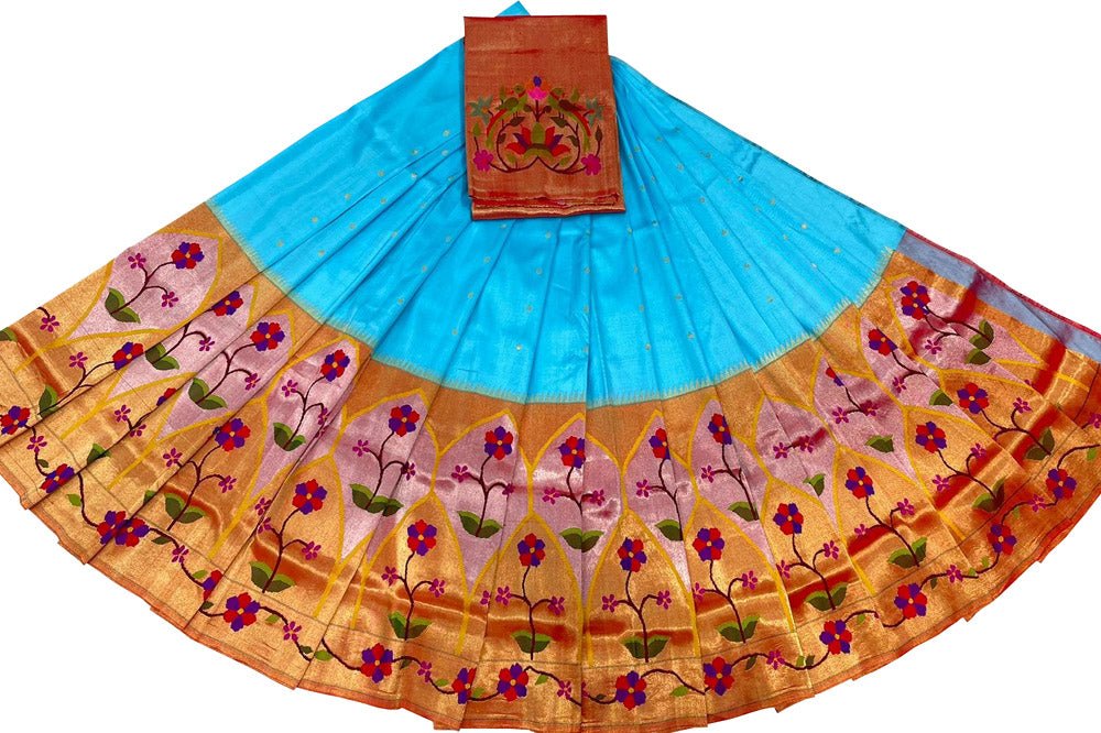 Blue Handloom Paithani Pure Silk Lehenga Fabric - Luxurion World