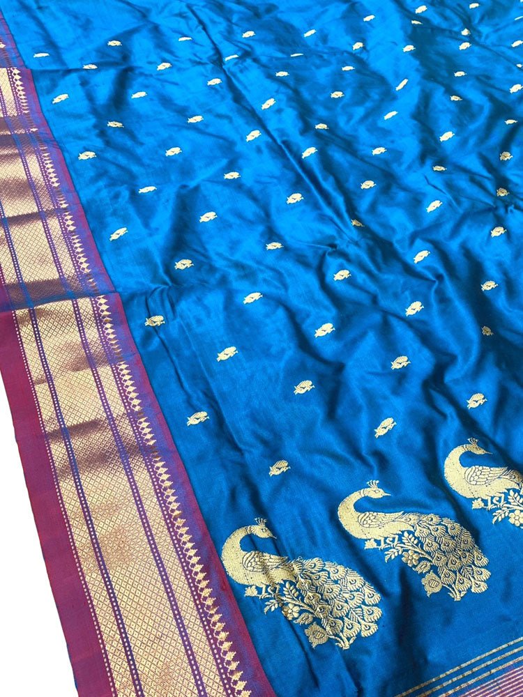Blue Handloom Paithani Pure Silk Saree - Luxurion World