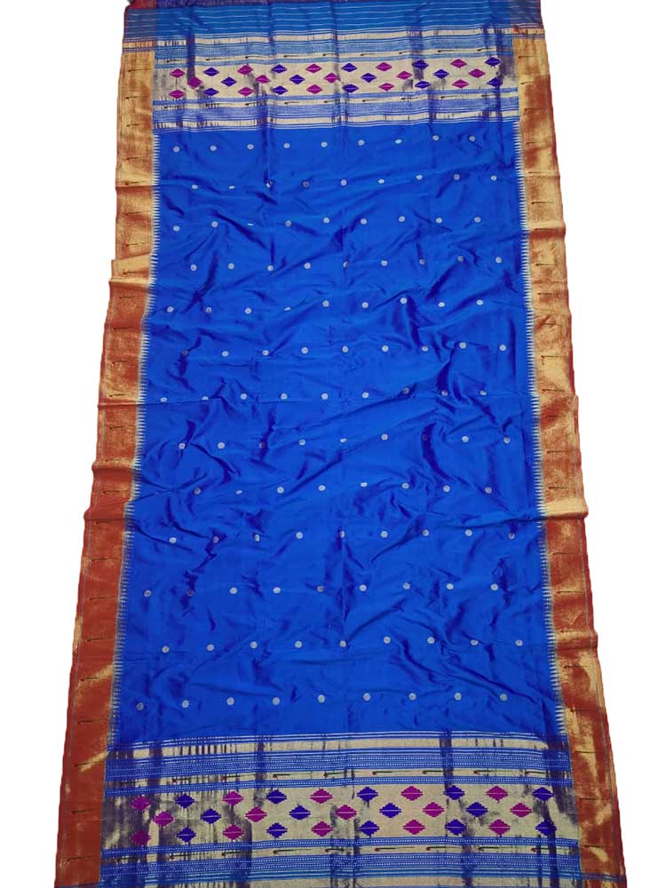 Blue Handloom Paithani Pure Silk Single Muniya Border Dupatta - Luxurion World