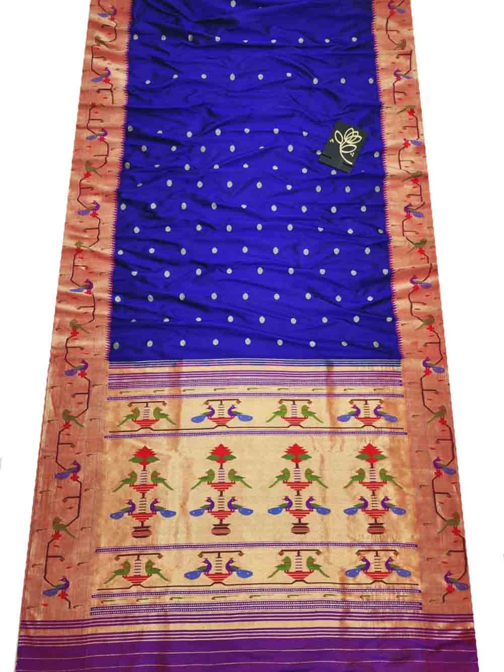 Blue Handloom Paithani Pure Silk Triple Muniya Border Peacock Design Saree - Luxurion World