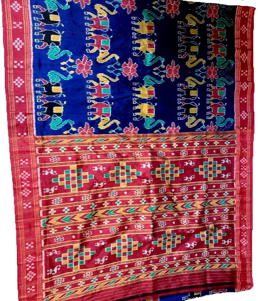 Blue Handloom Sambalpuri Double Ikat Silk Saree - Luxurion World