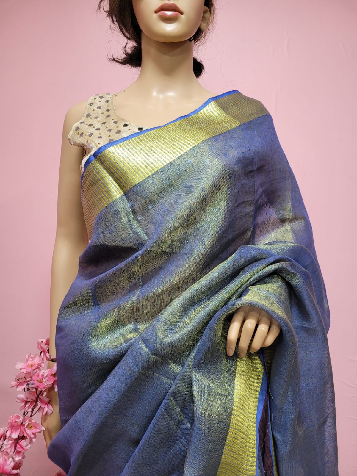 Blue Linen Tissue Silk Saree With Hand Painted Pure Silk Stitched Blouse With Peacock Design - Luxurion World