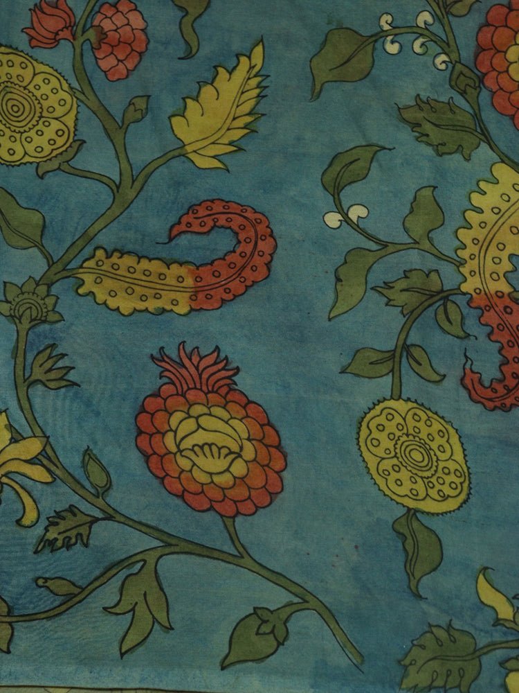 Blue Pen Kalamkari Pure Silk Fabric ( 1 Mtr ) - Luxurion World