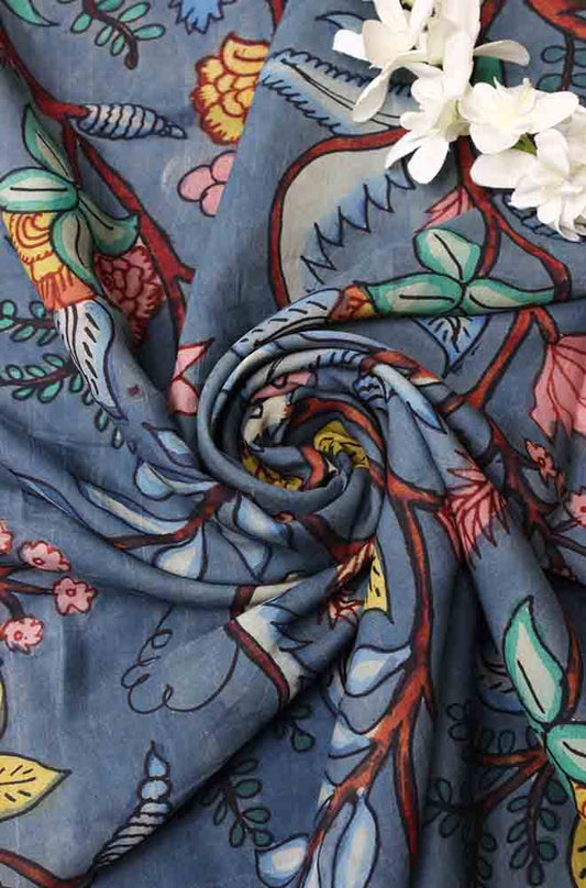 Blue Pen Kalamkari Pure Silk Fabric (1 Mtr )