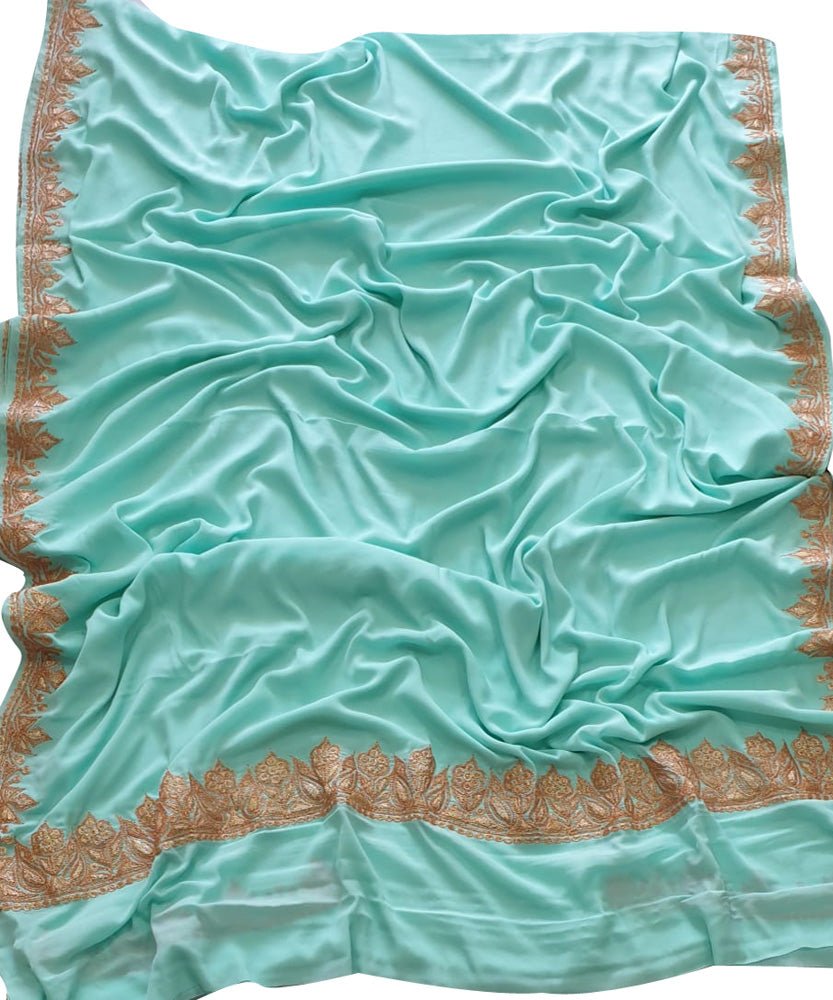 Blue Plain Embroidered Kashmiri Tila Work Crepe Saree - Luxurion World