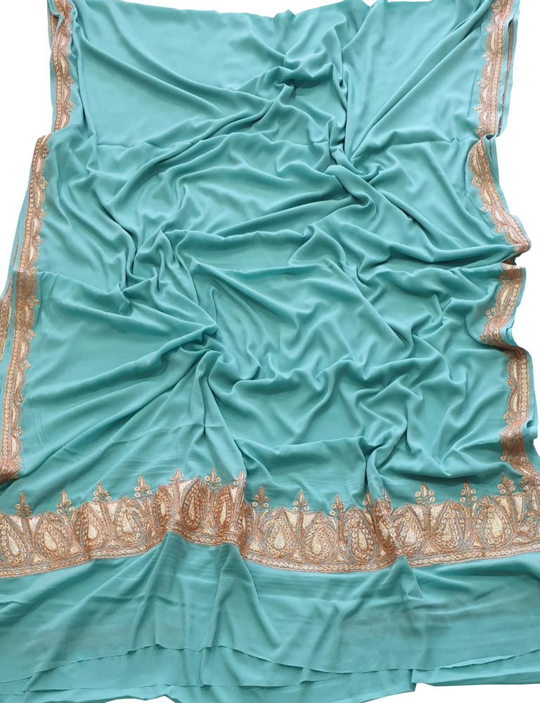 Blue Plain Embroidered Kashmiri Tila Work Crepe Saree - Luxurion World