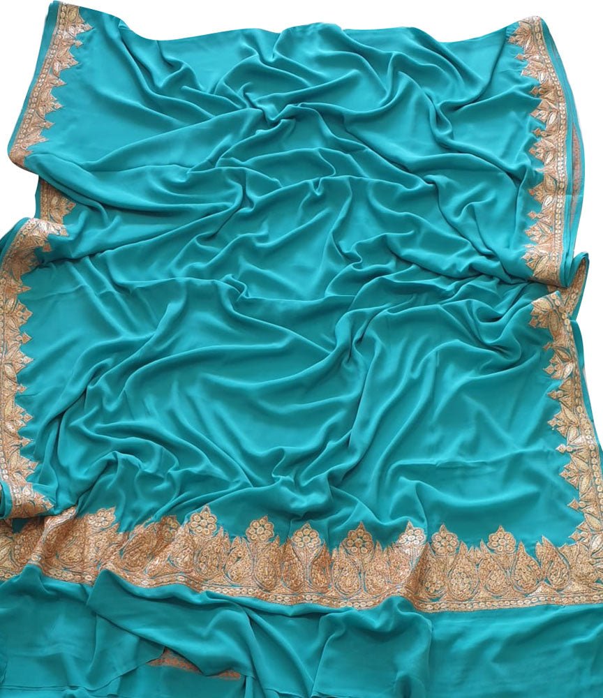 Blue Plain Embroidered Kashmiri Tila Work Crepe Saree - Luxurion World