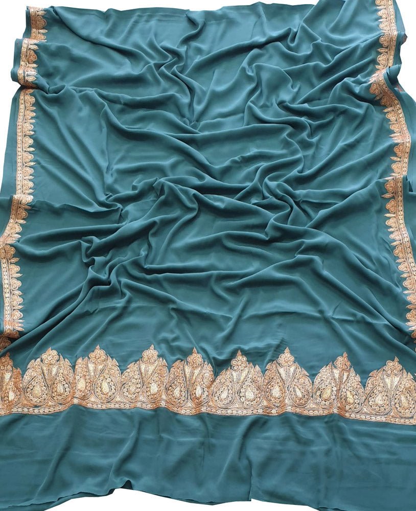 Blue Plain Embroidered Kashmiri Tila Work Crepe Saree - Luxurion World