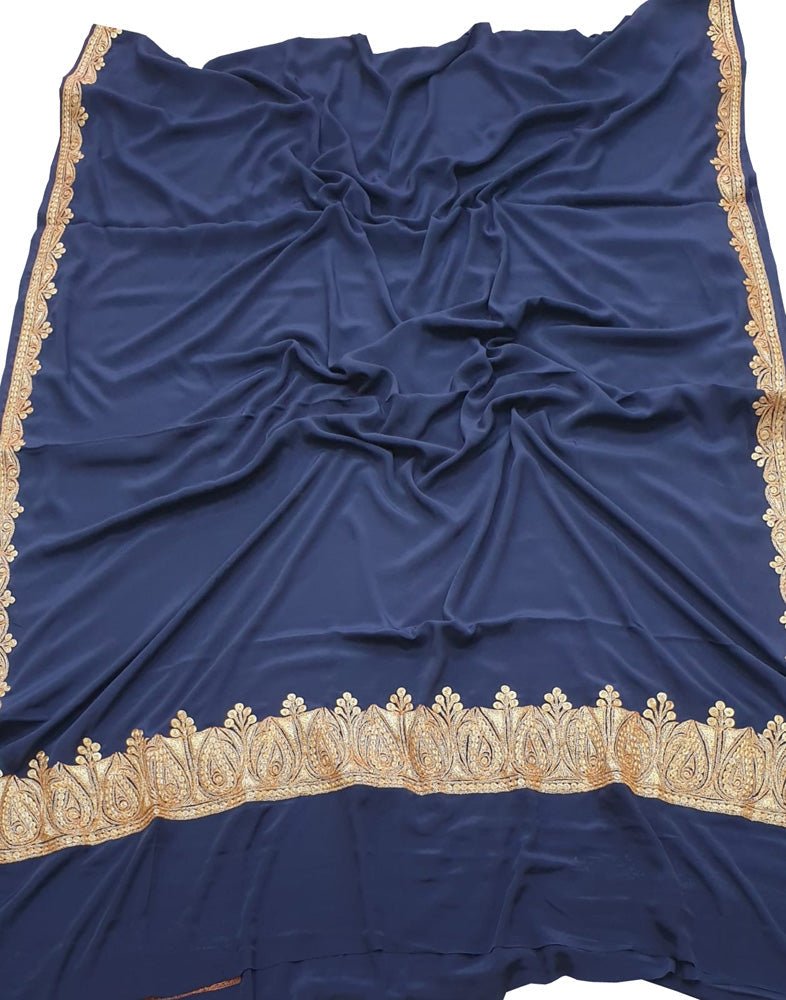 Blue Plain Embroidered Kashmiri Tila Work Crepe Saree - Luxurion World