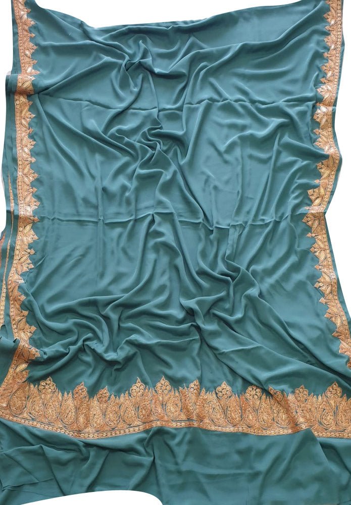 Blue Plain Embroidered Kashmiri Tila Work Crepe Saree - Luxurion World