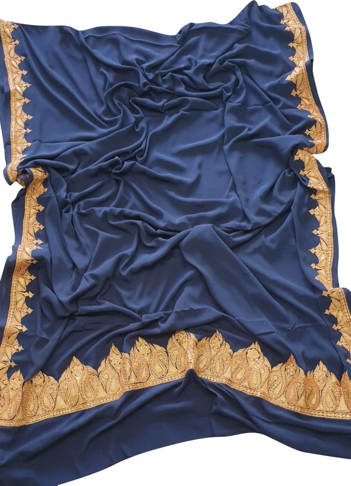 Blue Plain Embroidered Kashmiri Tila Work Crepe Saree - Luxurion World