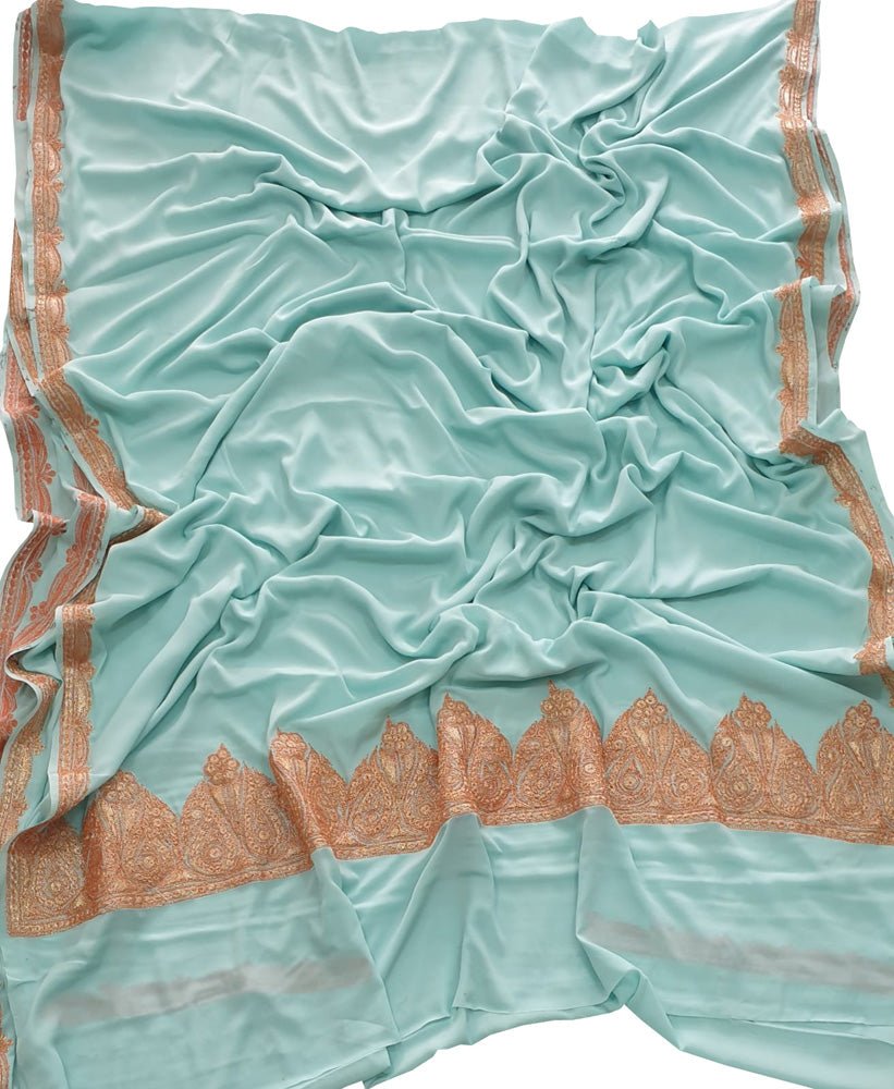 Blue Plain Embroidered Kashmiri Tila Work Crepe Saree - Luxurion World