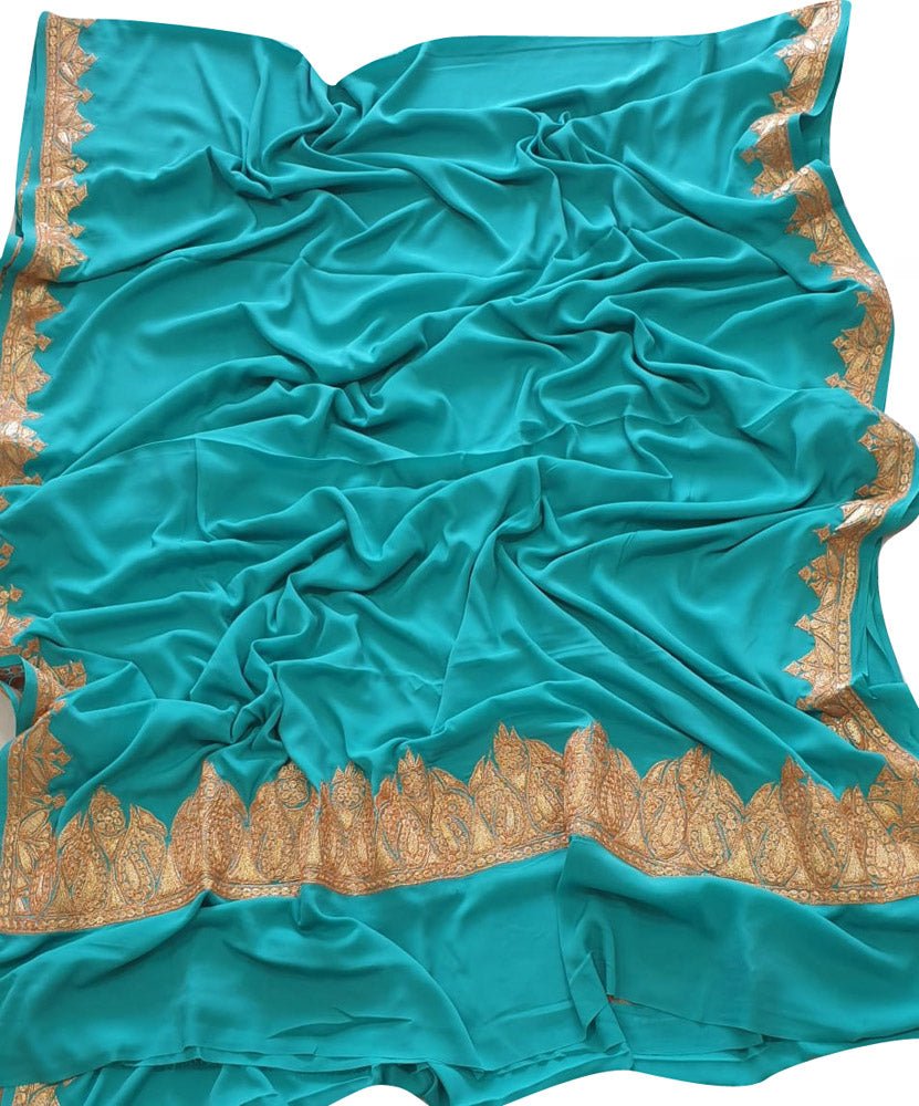 Blue Plain Embroidered Kashmiri Tila Work Crepe Saree - Luxurion World