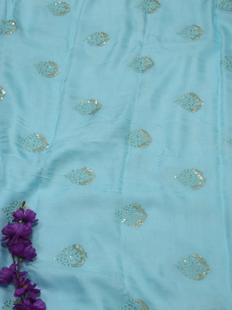 Blue Trendy Linen Jute Sequins Work Fabric (1 Mtr) - Luxurion World