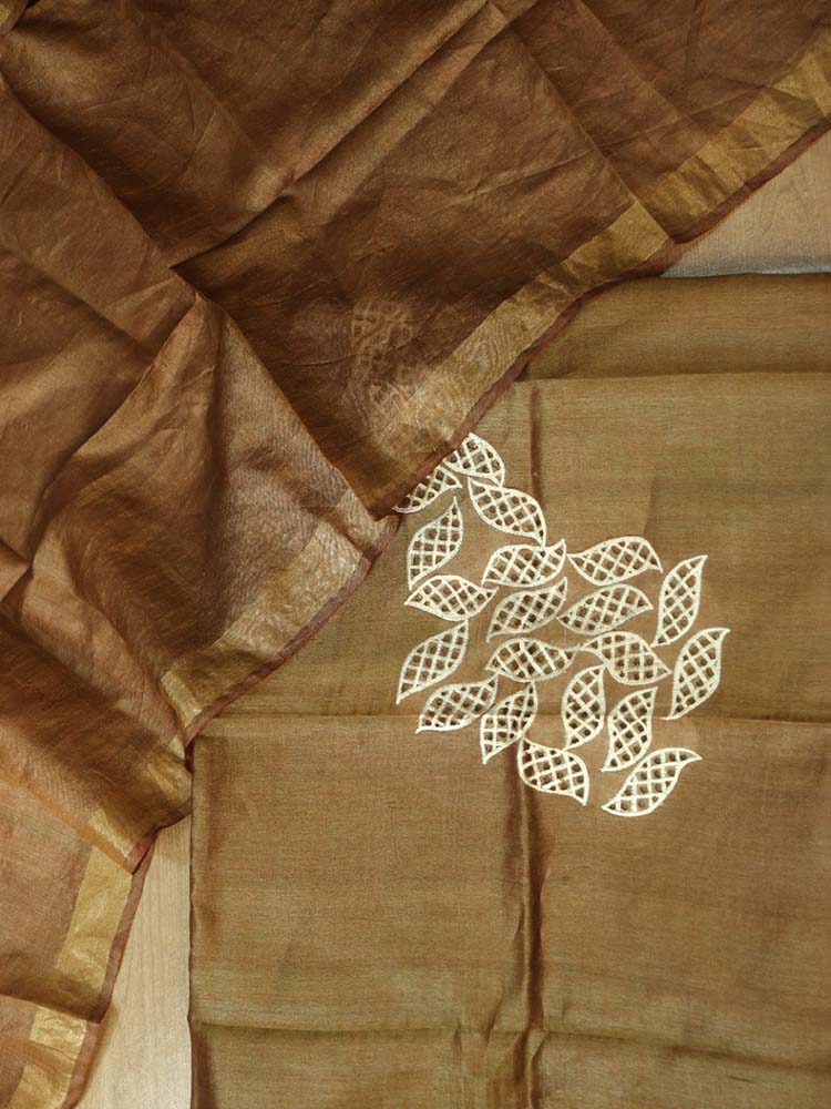 Brown Bhagalpur Pure Tussar Silk Unstitched Suit Set - Luxurion World