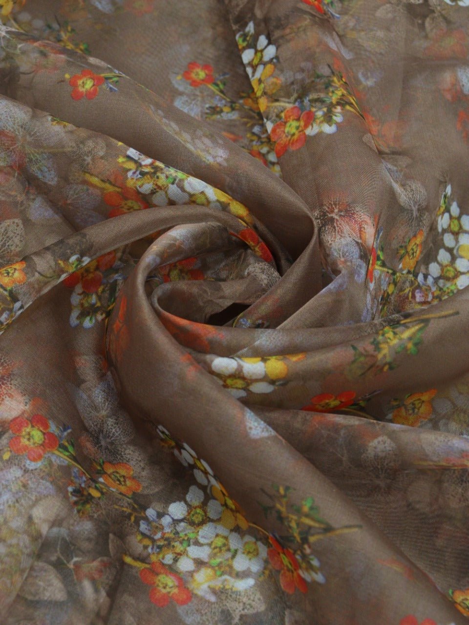 Brown Digital Printed Organza Silk Floral Design Fabric ( 1 Mtr ) - Luxurion World