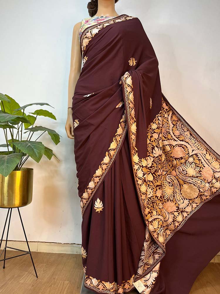 Brown Embroidered Kashmiri Aari Work Crepe Floral Design Saree - Luxurion World