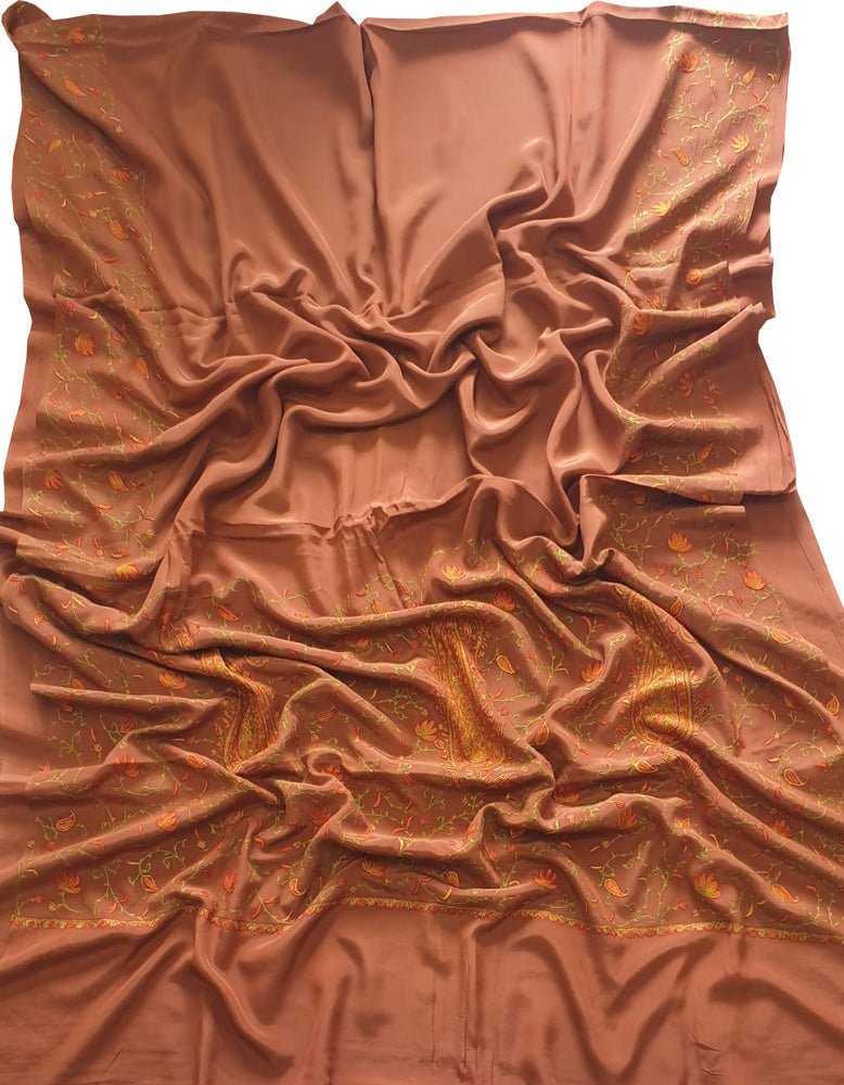 Brown Embroidered Kashmiri Sozni Work Crepe Flower Design Saree - Luxurion World