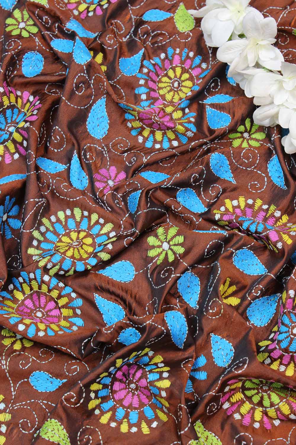 Brown Hand Embroidered Kantha Silk Fabric ( 1 Mtr ) - Luxurion World