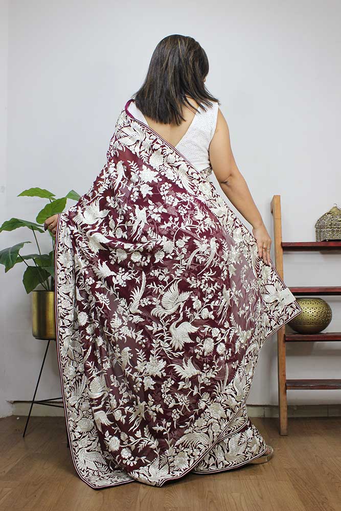 Brown Hand Embroidered Parsi Gara Pure Georgette Saree - Luxurion World