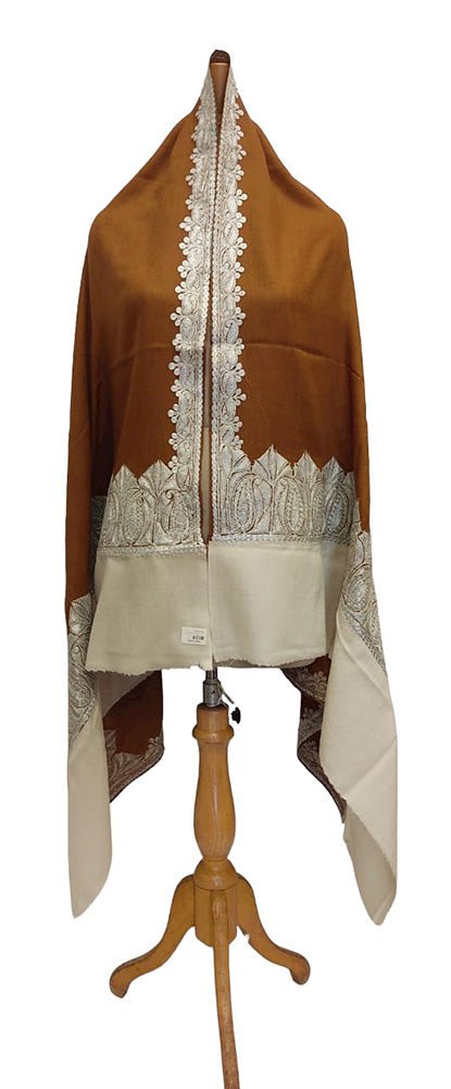 Brown Semi Pashmina Tilla Work Shawl - Luxurion World