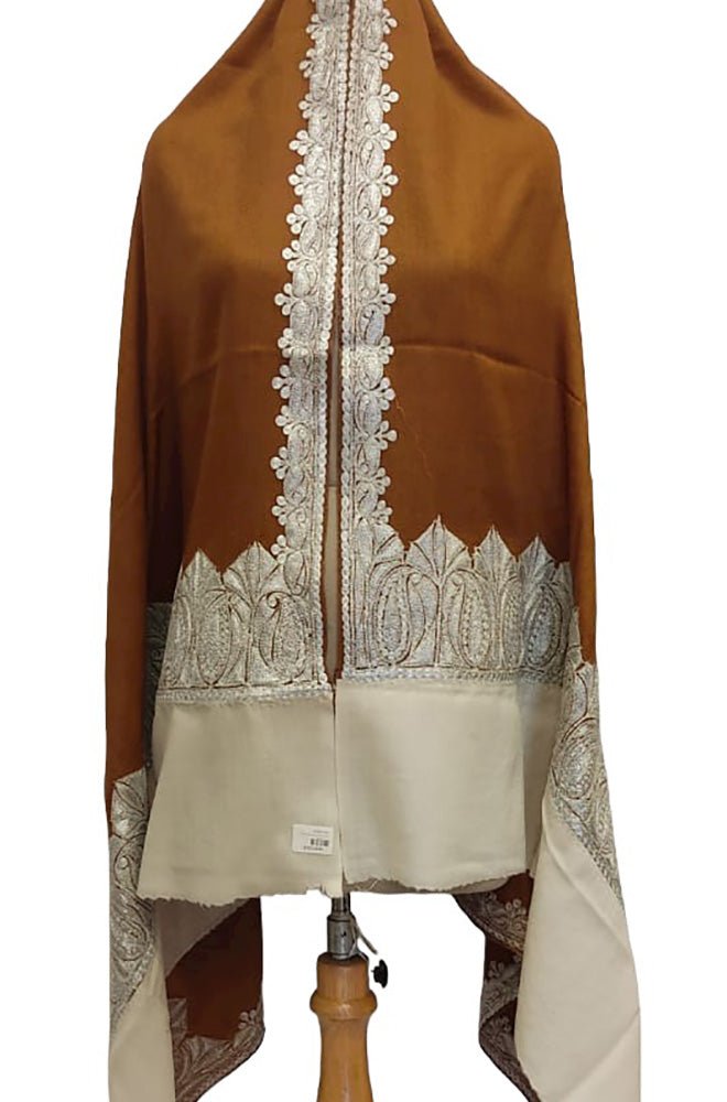 Brown Semi Pashmina Tilla Work Shawl