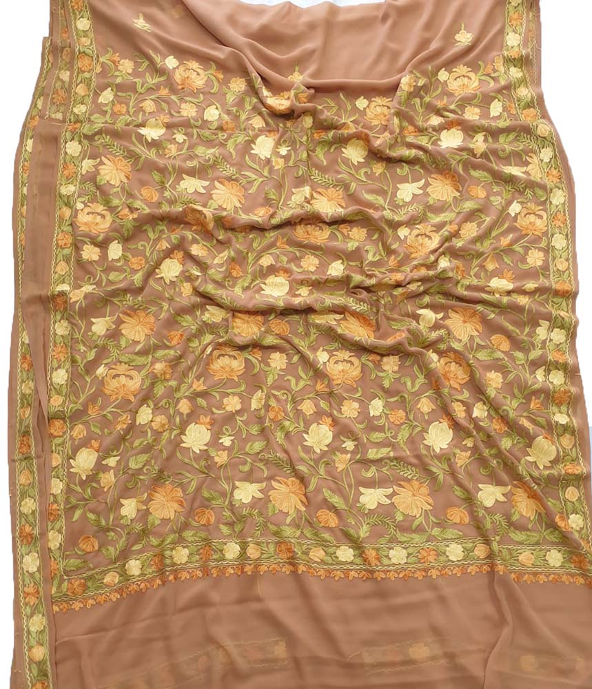 Cream Embroidered Kashmiri Aari Work Georgette Floral Design Saree - Luxurion World