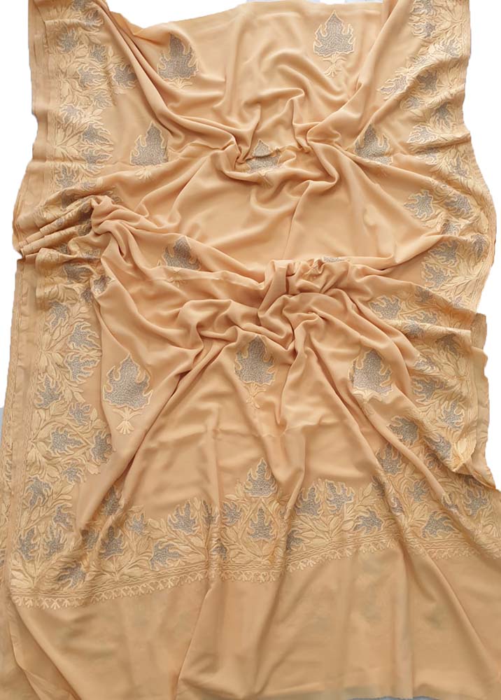 Cream Embroidered Kashmiri Aari Work Georgette Saree - Luxurion World