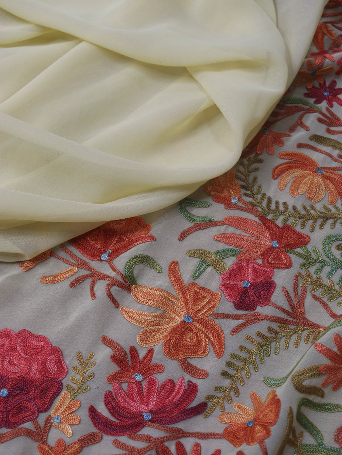 Cream Embroidered Kashmiri Aari Work Georgette Saree - Luxurion World