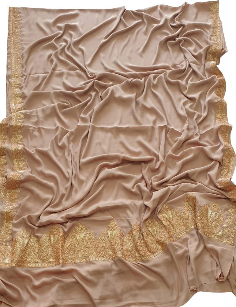 Cream Plain Embroidered Kashmiri Tila Work Crepe Saree - Luxurion World