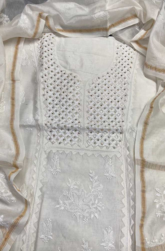 Dyeable Embroidered Chikankari Chanderi Silk Two Piece Unstitched Suit Set With Mukaish Work - Luxurion World