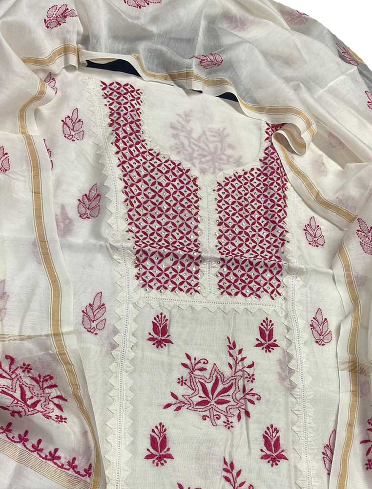 Dyeable Embroidered Chikankari Chanderi Silk Two Piece Unstitched Suit Set With Mukaish Work - Luxurion World