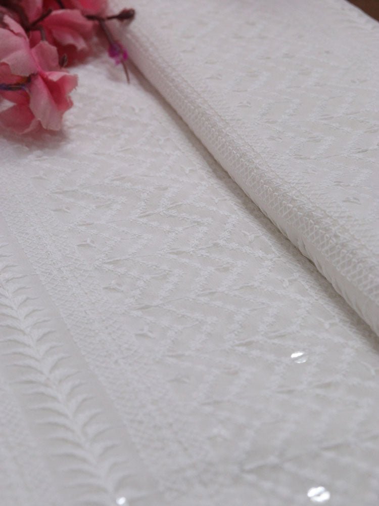Off White Embroidered Chikankari Georgette Fabric (1 Mtr) - Luxurion World