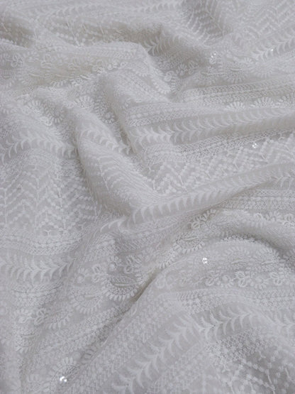 Off White Embroidered Chikankari Georgette Fabric (1 Mtr) - Luxurion World