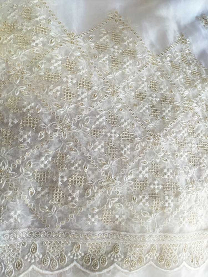 Dyeable Chikankari Embroidered Trendy Organza Sequins Work Fabric ( 1 Mtr ) - Luxurion World