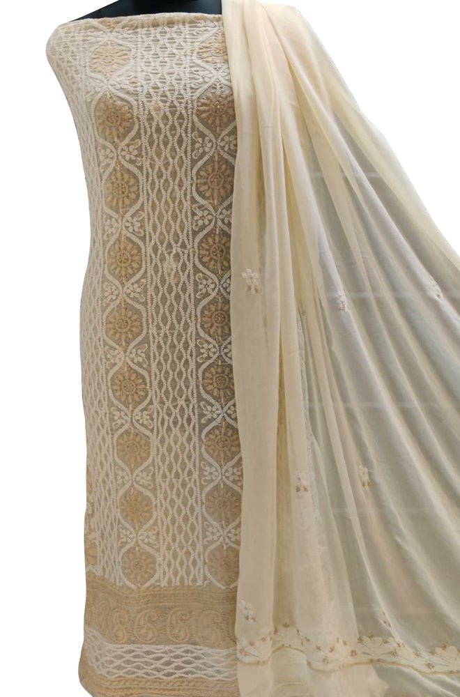 Dyeable Hand Embroidered Chikankari Chiffon Georgette Three Piece Unstitched Suit Set - Luxurion World