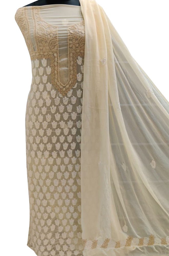 Dyeable Hand Embroidered Chikankari Chiffon Georgette Three Piece Unstitched Suit Set - Luxurion World
