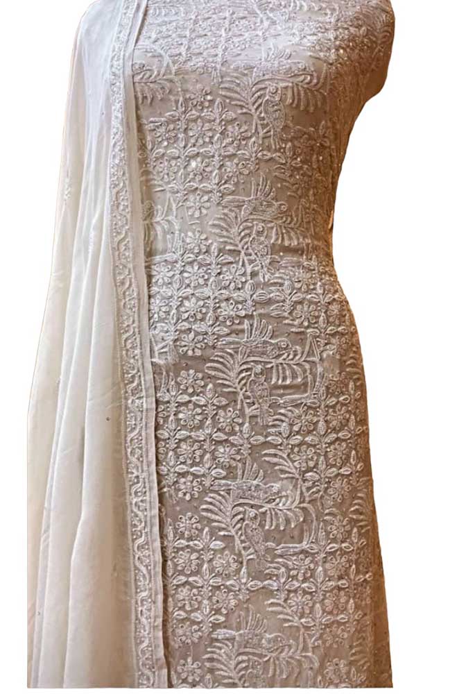 Dyeable Hand Embroidered Chikankari Georgette Two Piece Unstitched Suit Set - Luxurion World