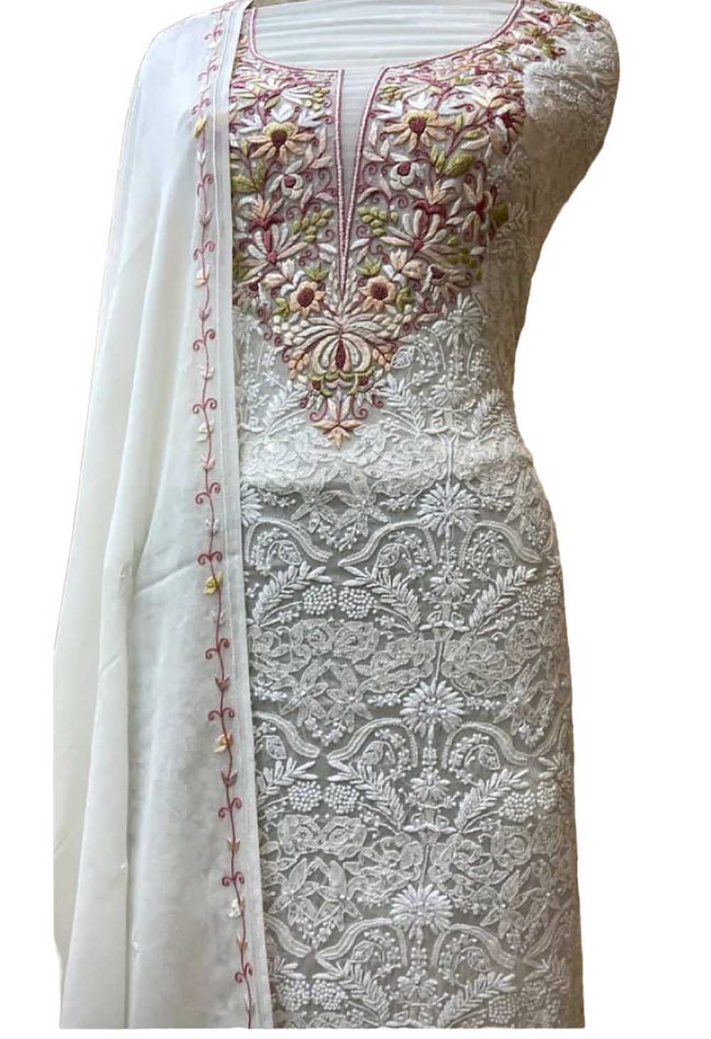 Dyeable Hand Embroidered Chikankari Georgette Two Piece Unstitched Suit Set - Luxurion World
