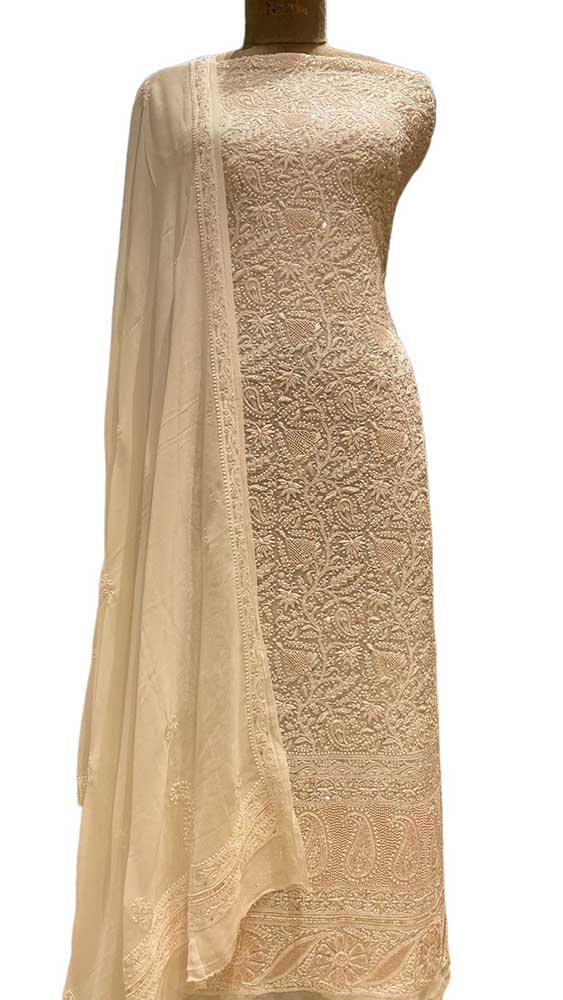 Dyeable Hand Embroidered Chikankari Georgette Two Piece Unstitched Suit Set - Luxurion World
