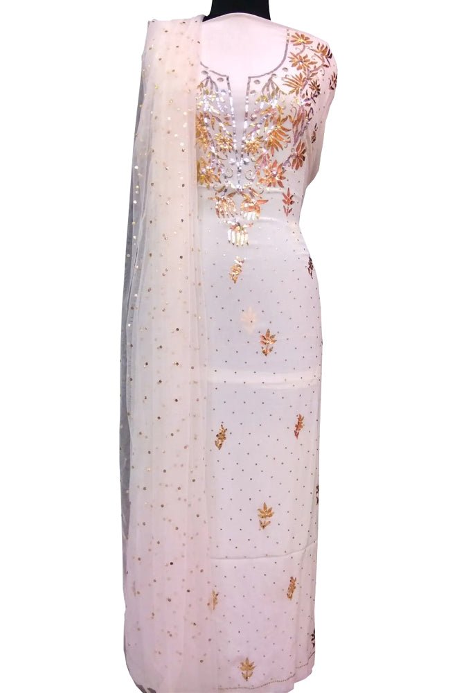 Dyeable Hand Embroidered Chikankari Pure Georgette Unstitched Suit Set With Mukaish Work - Luxurion World