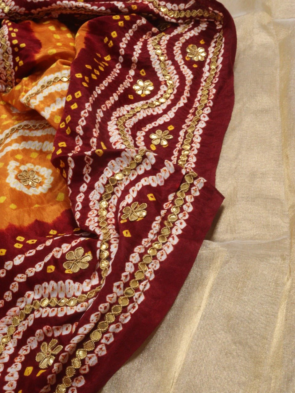 Golden Banarasi Tissue Silk Suit With Yellow And Maroon Bandhani Hand Gota Work Pure Gajji Silk Dupatta - Luxurion World