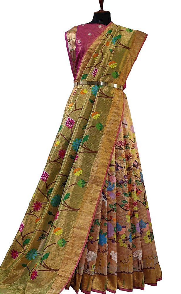 Golden Handloom Kota Doria Tissue Silk Unstitched Lehenga Set - Luxurion World